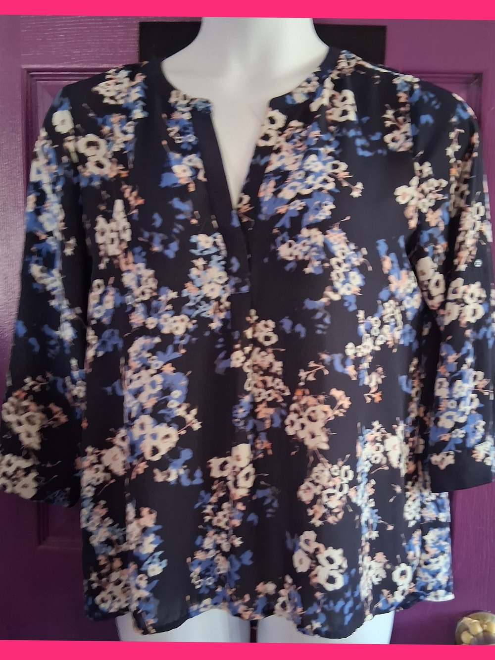 Lila Rose Black Floral Split-Neck Tunic with Blue and Cream Accents